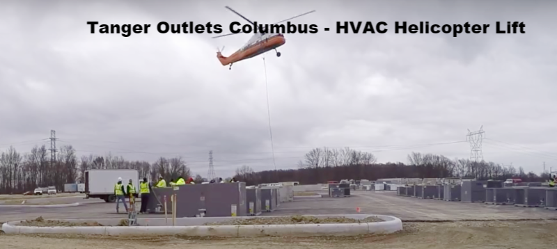 Tanger Outlet HVAC Installation in Columbus Ohio via helicopter lift commercial hvac replacement